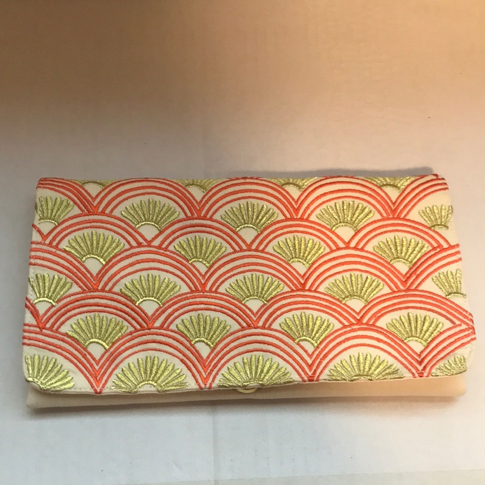 Coral and gold thread handbag